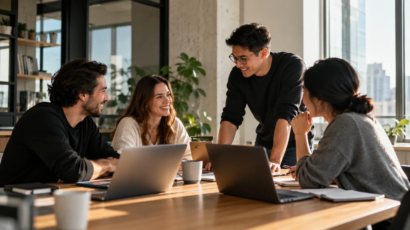Four colleagues talking around a table of open laptops in a bright, plant-filled office.