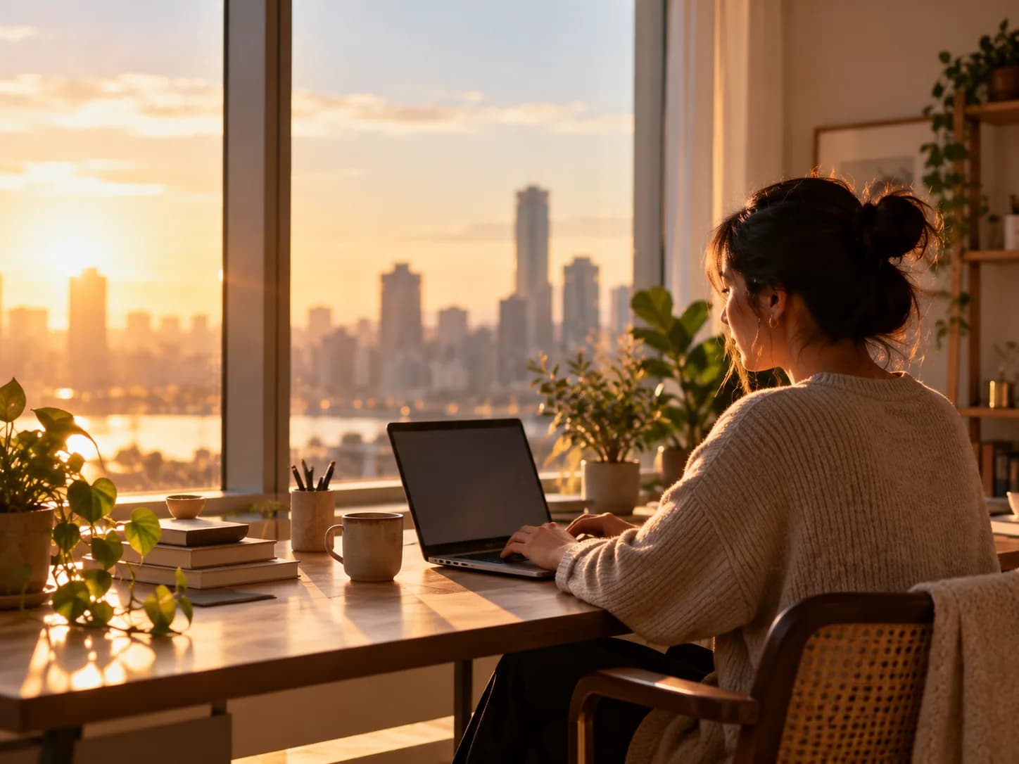 A person working at a desk beside a large window at sunrise, with a city skyline beyond.